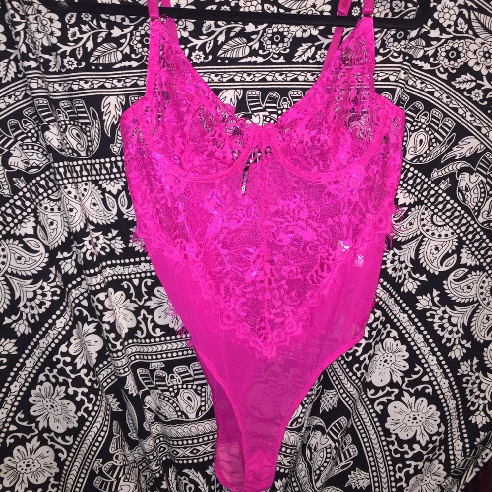Hot pink lace thong teddy bodysuit